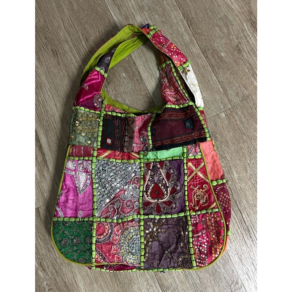 🆕 Boho Multicoloured Patchwork w/Mirror Hobo Shoulder Bag Cotton Made in India - Picture 2 of 16